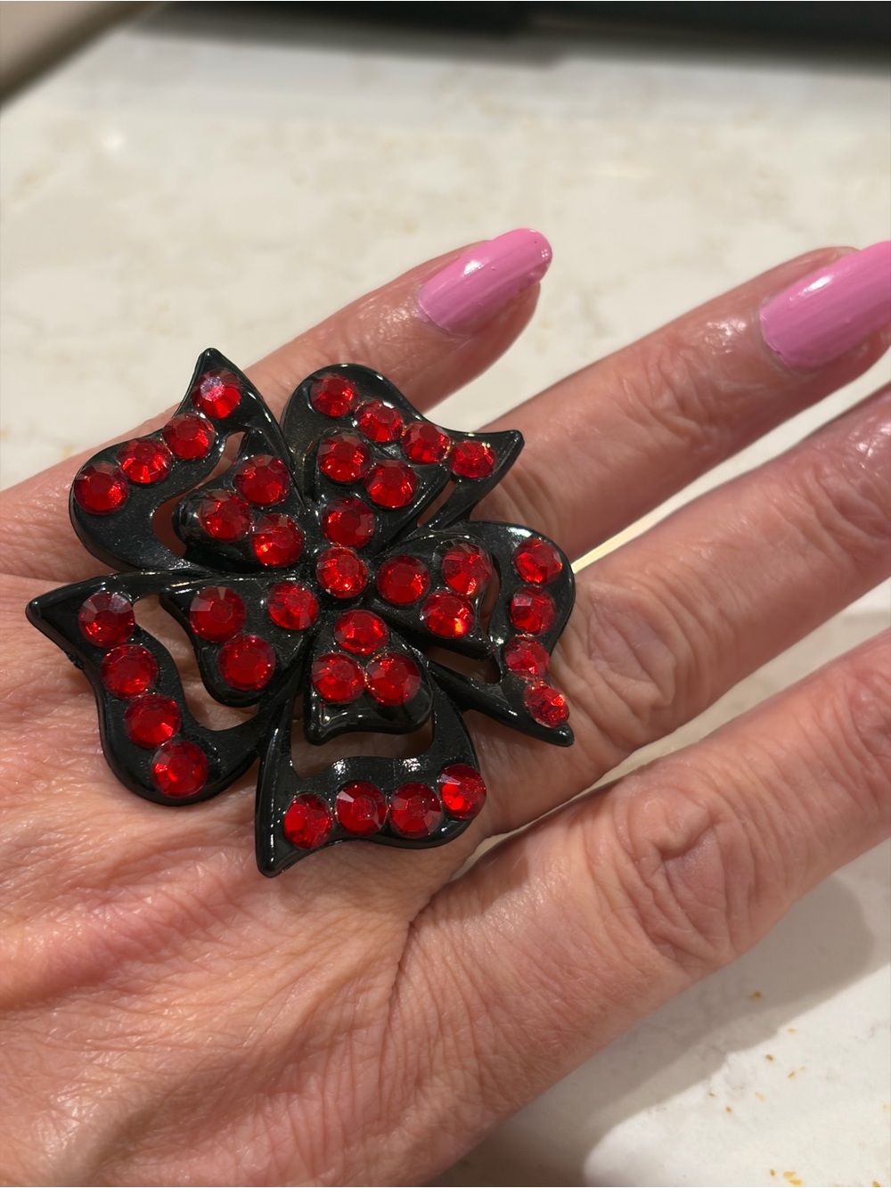Vintage Black Acrylic Flower Statement Ring - Red Rhinestones - Adjustable Sz 7.